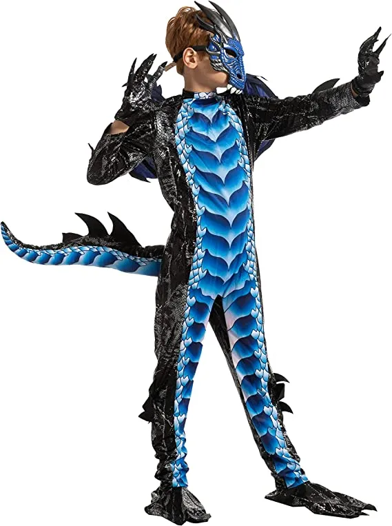 Kids Black and Blue Dragon Wings and Mask Costume