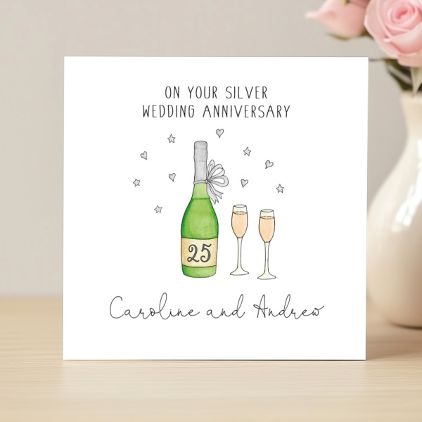 Handmade Personalised Silver Wedding Anniversary Card - Wine Bottle