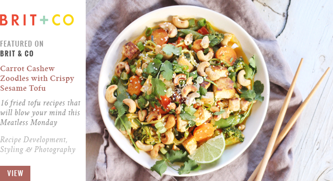 Justine Celina Featured On Brit + Co // Carrot Cashew Zoodles with Crispy Lime Tofu