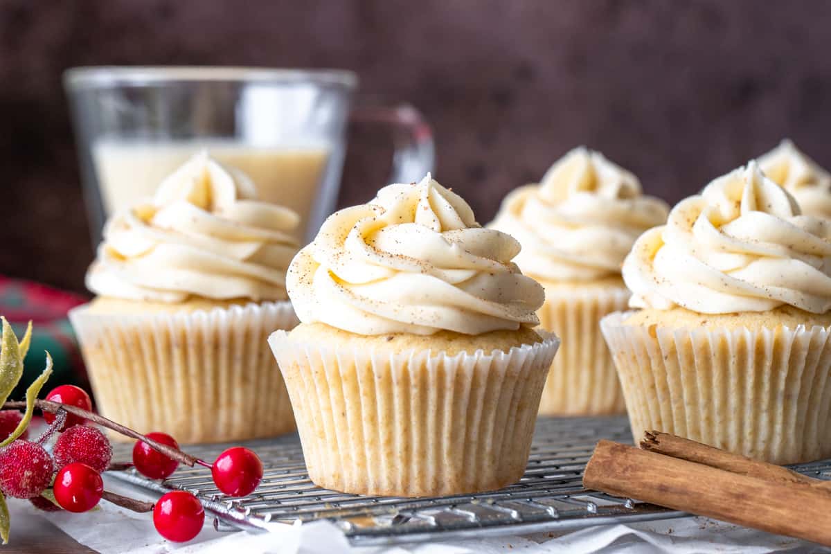 Eggnog cupcakes on wire rack