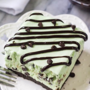 Overhead side angle shot of a slice of mint chip ice cream cake drizzled with fudge sauce. White napkin in the background