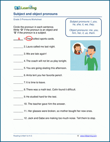 Subject and object pronoun worksheets | K5 Learning