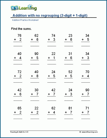 2-digit plus 1-digit addition (no regrouping) worksheets | K5 Learning