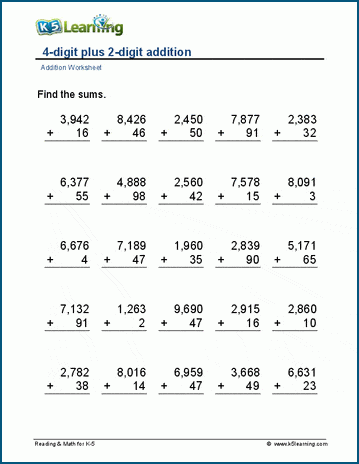 4-digit plus 2-digit addition worksheets K5 Learning