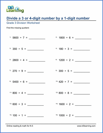 Grade 3 Division Worksheet: divide a number by a 1-digit number | K5 ...