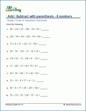 Grade 3 Order of Operations Worksheet: add/subtract 6 terms | K5 Learning