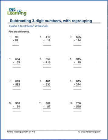 Subtraction Of 3 Digit Numbers With Borrowing