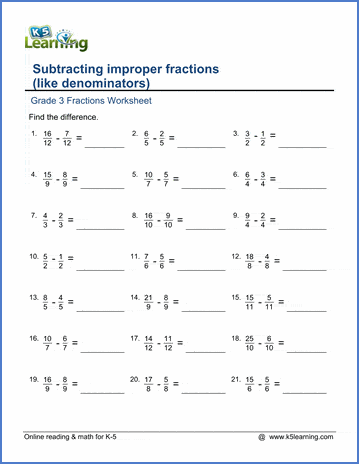 subtracting improper fractions with like denominators worksheets k5 learning