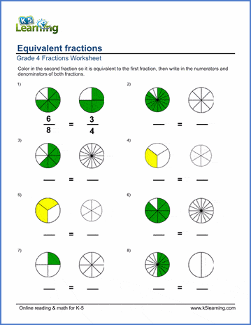 Grade 4 Fractions worksheets: Coloring in equivalent fractions | K5 ...