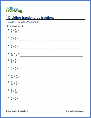 Grade 5 Math Worksheets: Dividing fractions by fractions | K5 Learning