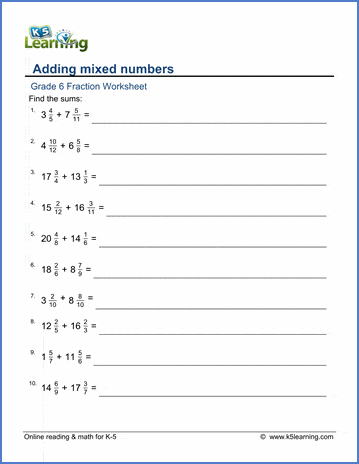 grade 6 addition and subtraction of fractions worksheets free printable k5 learning