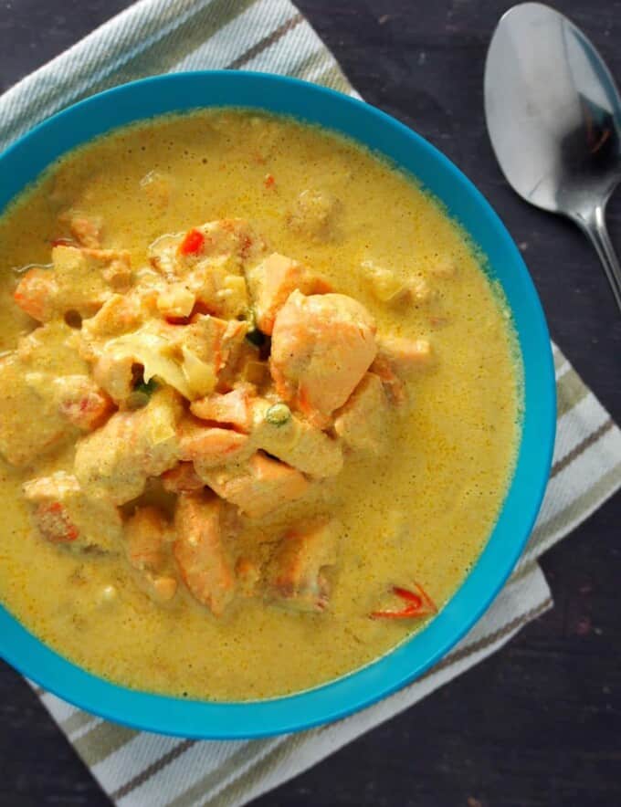 Salmon Curry in a blue bowl