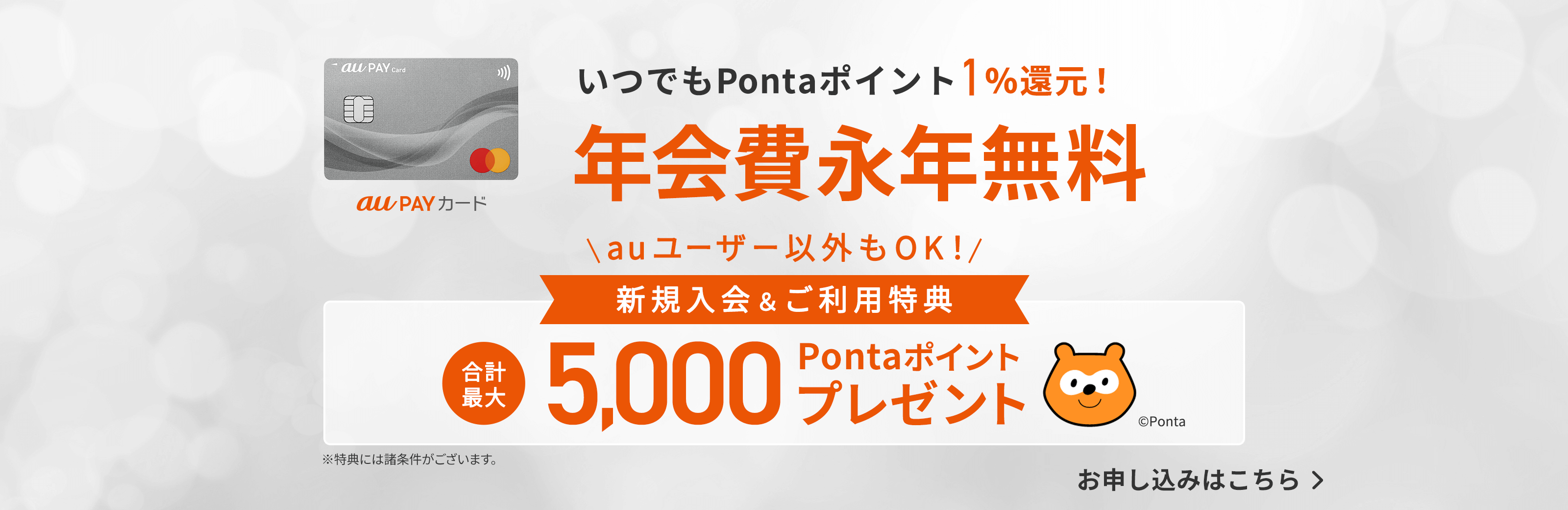 いつでもPontaポイント1%還元！ 年会費永年無料 新規入会&ご利用特典 合計最大5,000Pontaポイントプレゼント ※特典には諸条件がございます。 お申し込みはこちら