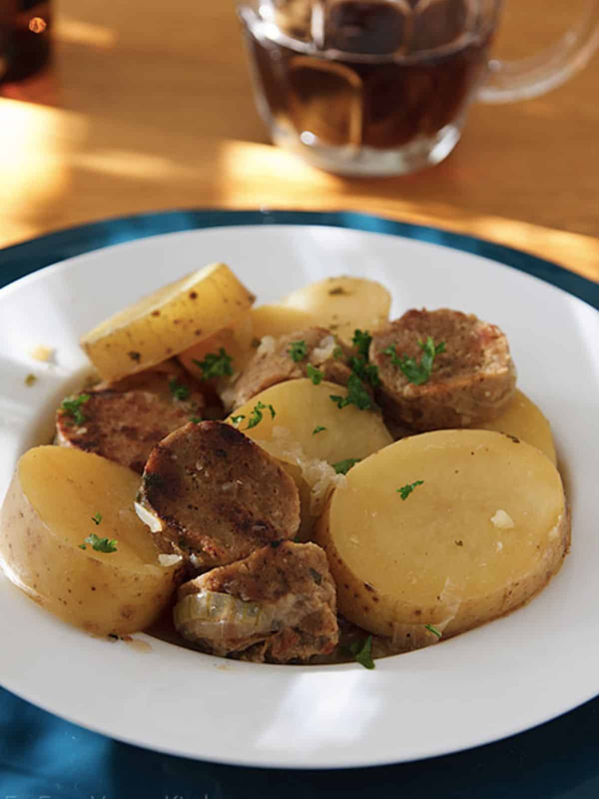 Vegan sausage and potatoes.