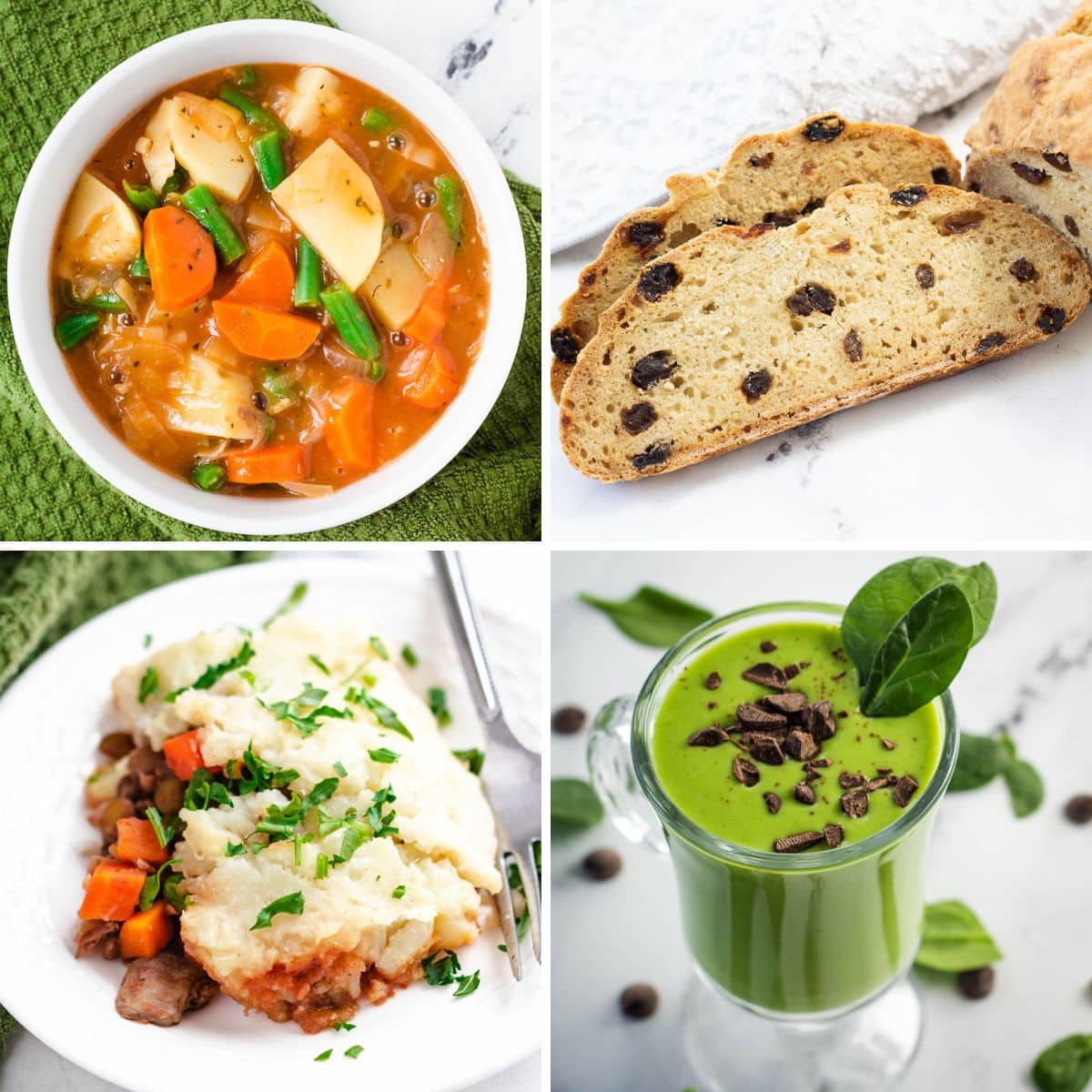 Vegan Irish stew, vegan soda bread, vegan lentil shepherds pie, and vegan shamrock shake.