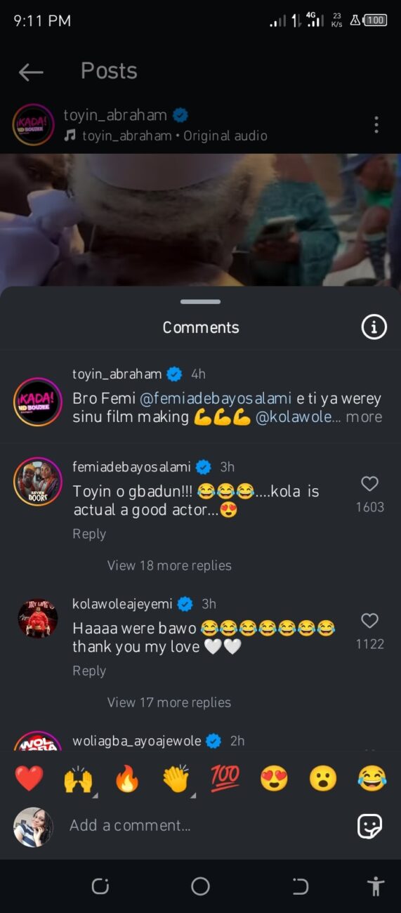 Femi Adebayo reacts as Toyin Abraham hails him