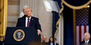 US President Donald Trump speaking after his swearing-in at the U.S. Capitol Rotunda in Washington, D.C., on January 20, 2025.