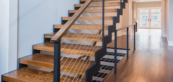 Zigzag stairs with American red oak treads and top rail.