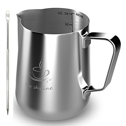 Milk Frothing Pitcher Stainless Steel Measurement Inside the frothing Cup with Latt Art Pen