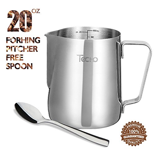 Milk Pitcher Stainless Steel Frothing Pitcher 20oz with Spoon Milk Steaming Frother Cup for Coffee Latte Art