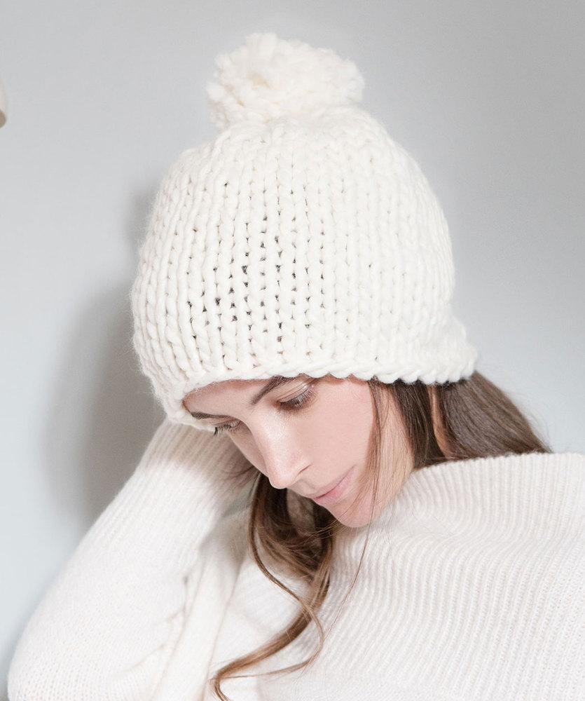 Free Knitting Pattern for a Latte Classico Hat. Easy stockinette stitch hat in bulky yarn with pompom..