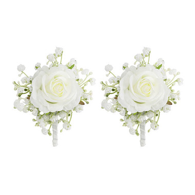 Corsages & Boutonnieres - Rose & Babys Breath Boutonniere Pack 2 White (13cmH)