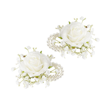 Corsages & Boutonnieres - Rose & Babys Breath Corsage Bracelet Pack 2 White (12cmH)