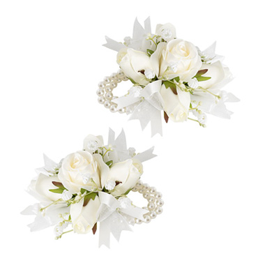 Corsages & Boutonnieres - Rose & Ribbon Pearl Corsage Bracelet Pack 2 White (12cmH)