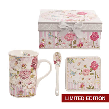 Mugs - Butterfly Rose Mug Spoon Coaster Gift Set Soft Pink (320mL)