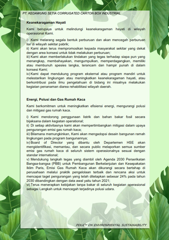 Sustainability Policy – PT. Kedawung Setia CCB Industrial