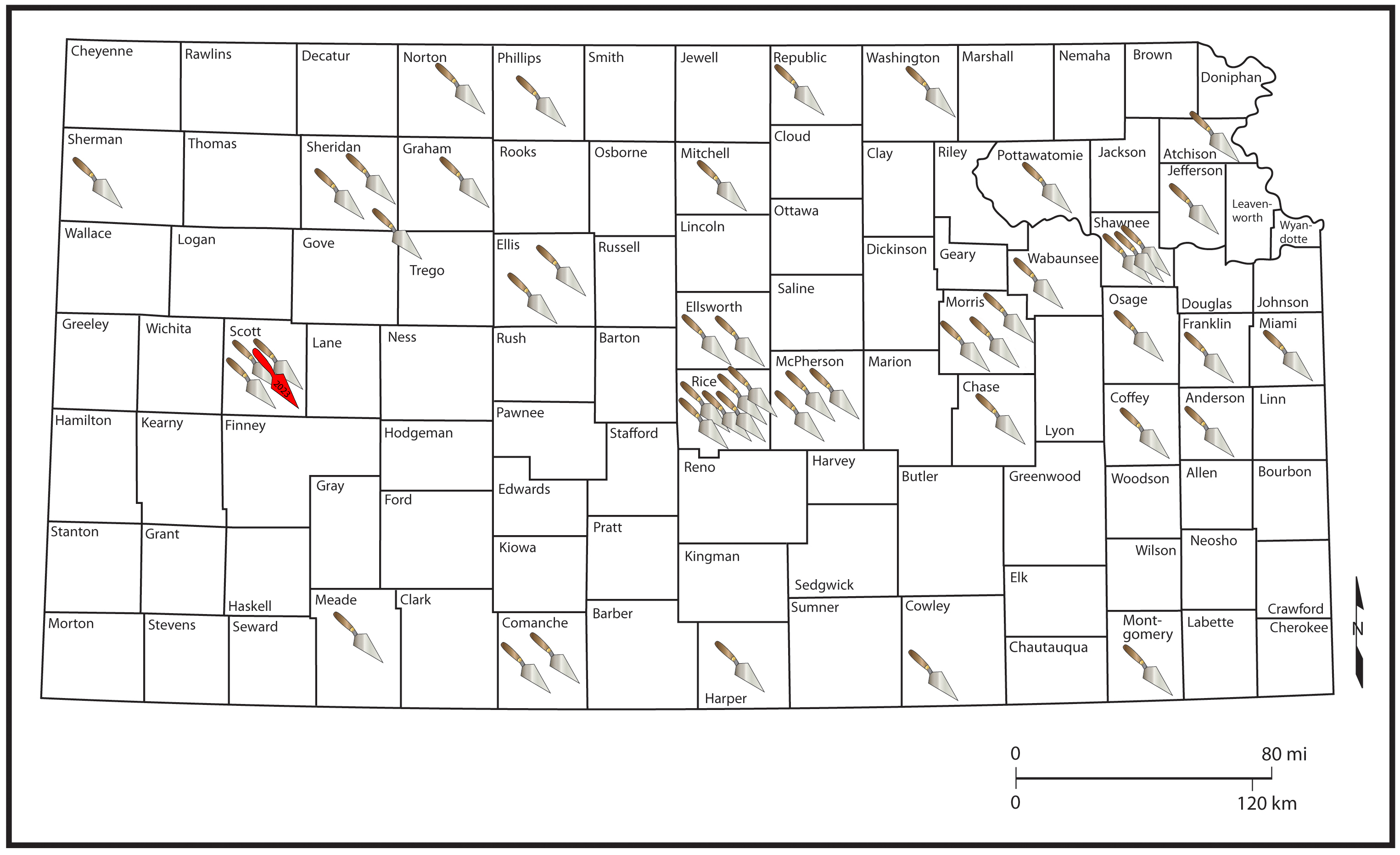 Map of Kansas Archaeology Training Program sites - OCTA