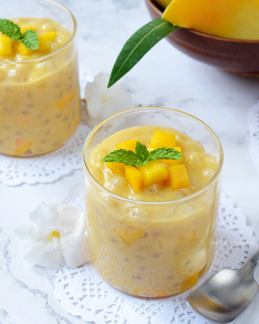 Mango Sago Pudding with coconut Sabudana kheer or Tapioca Pudding