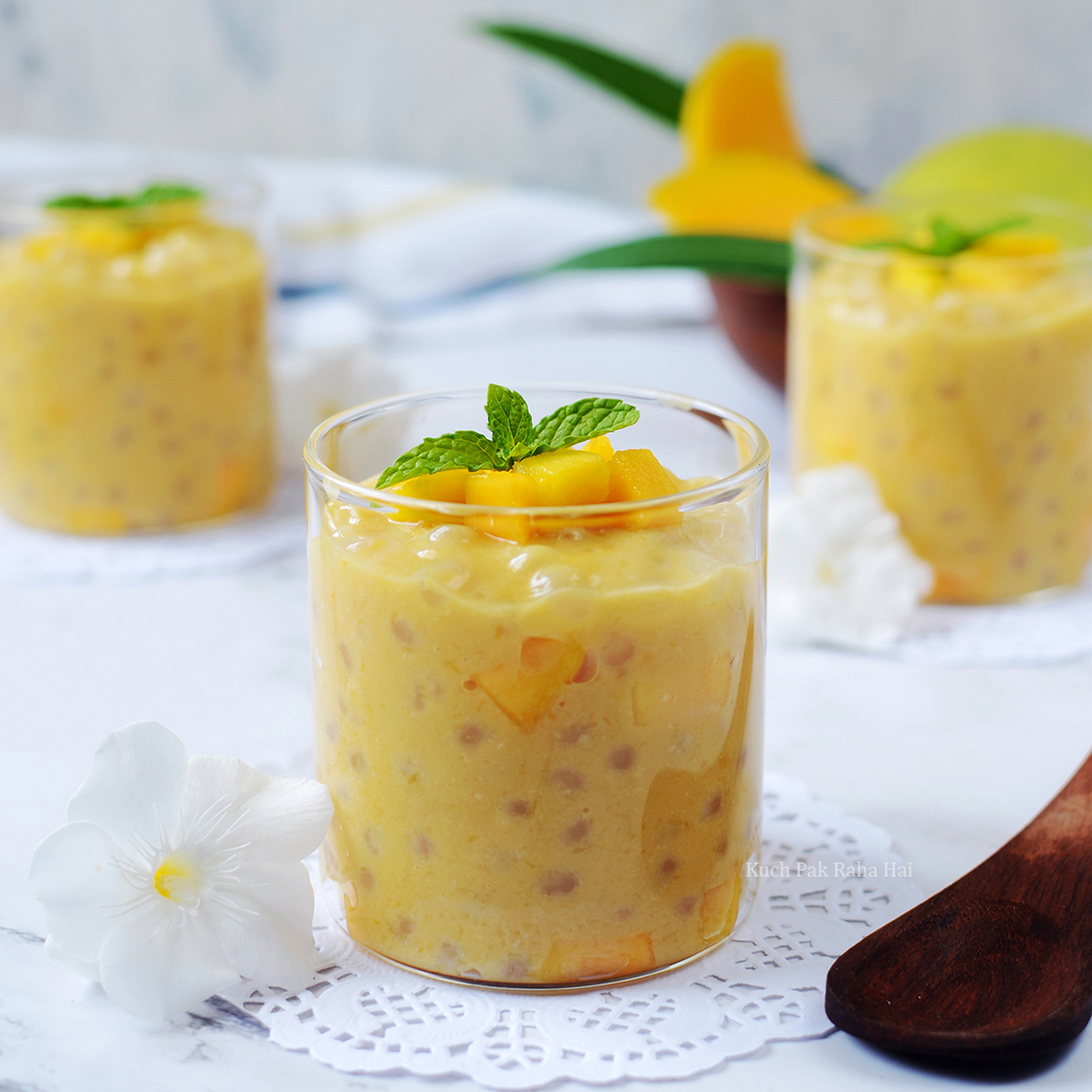 Mango Sago Pudding with coconut Sabudana Kheer or Tapioca Pudding