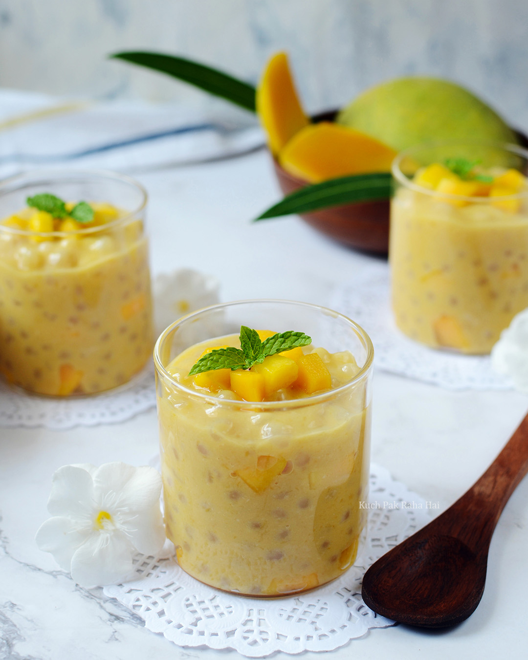 Mango Sago Pudding with coconut Sabudana Kheer or Tapioca Pudding