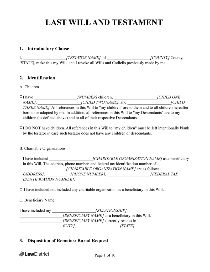 Free Last Will & Testament Form | Printable PDF & Word | LawDistrict