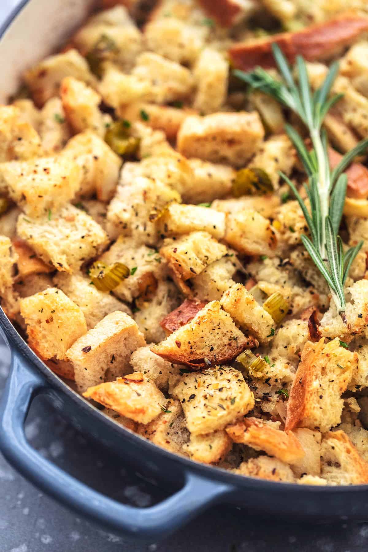 close up of homemade stuffing in a pan.