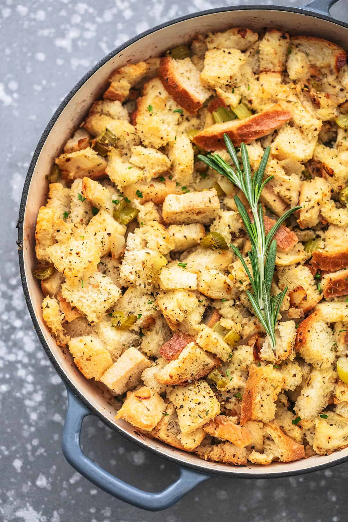 top view of homemade stuffing in a pan.