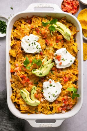 casserole dish of chicken taco casserole with doritos