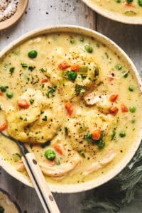 bowl of chicken and dumplings with spoon