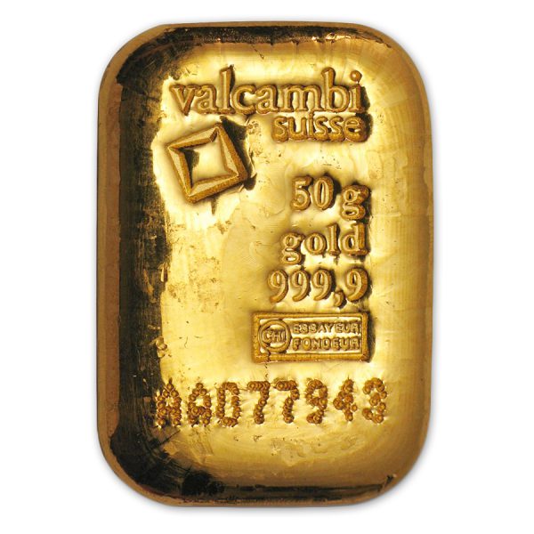 50 gram Gold Bar Cast w/Assay - Valcambi Suisse