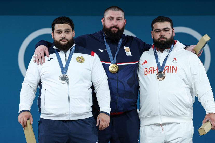 Le podium olympique d'haltérophilie chez les + 102 kg aux JO de Paris 2024. (A. Perobelli /Reuters)