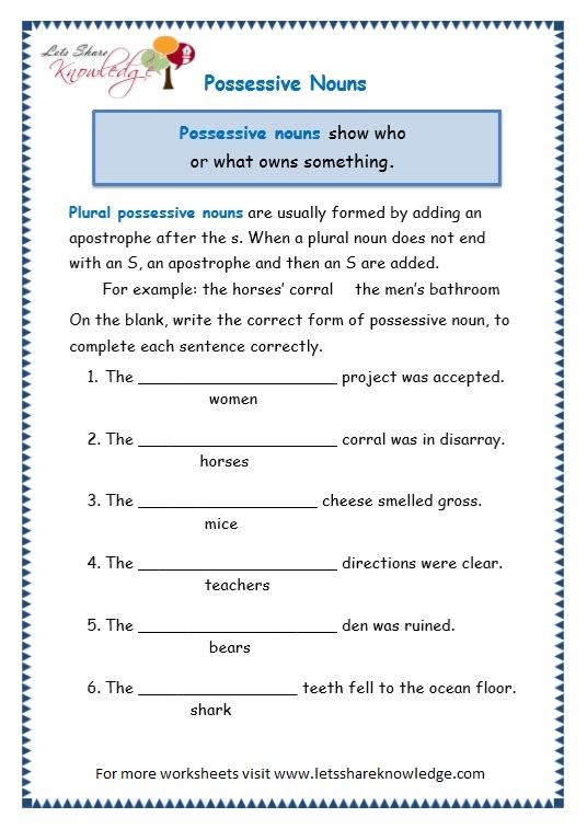 Grade 3 Grammar Topic 8: Possessive Nouns Worksheets - Lets Share Knowledge