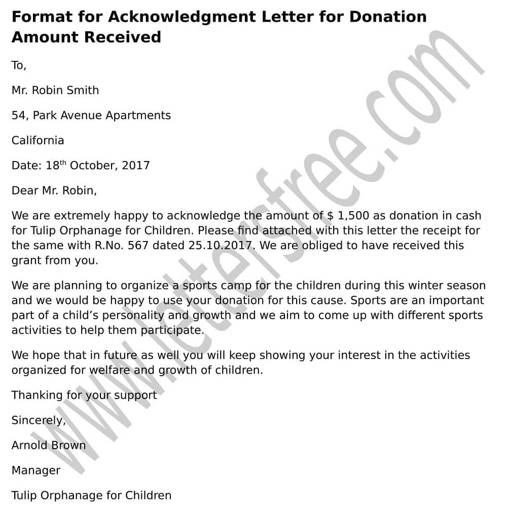 Acknowledgement Letter For Receiving Money from www.lettersfree.com