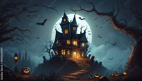 Photo : https://stock.adobe.com/images/halloween-night-with-a-spooky-house-and-bats-halloween-background/584654097