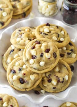 Cranberry white chocolate chip cookies in a bowl