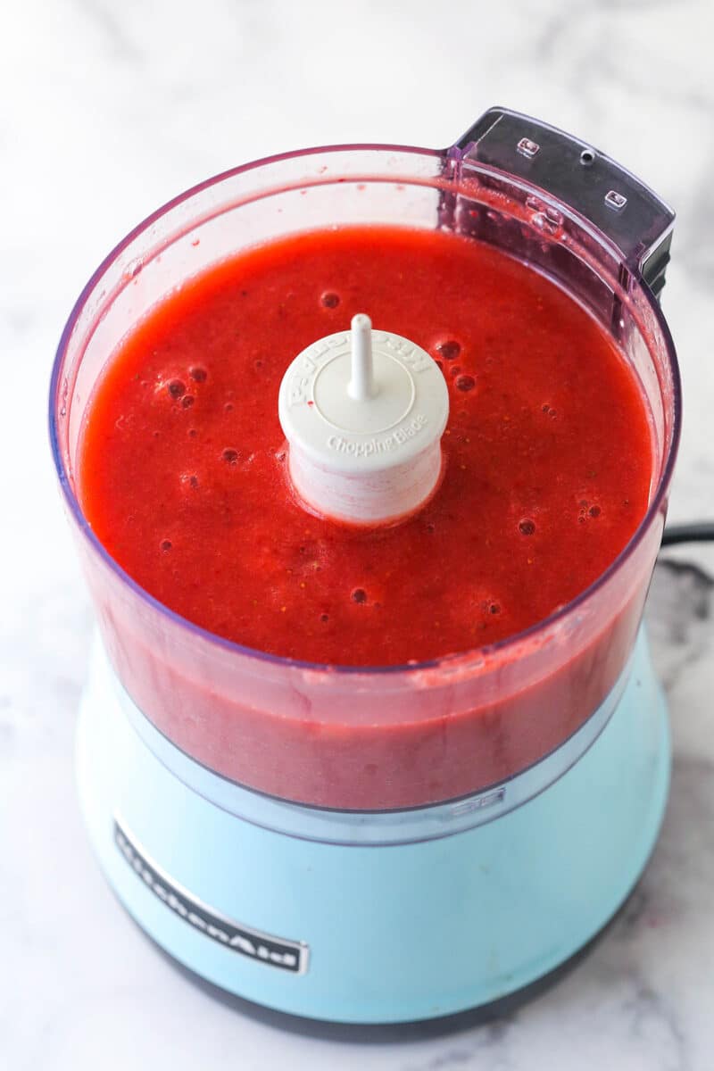 Strawberry puree in a food processor.