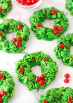 Christmas cornflake wreath cookies on a white background