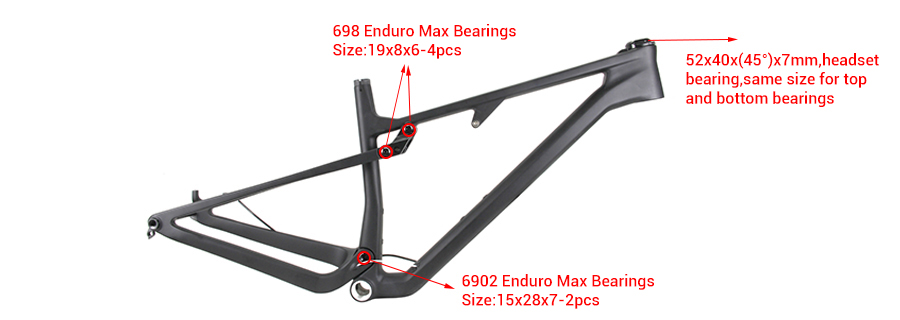 Carbon MTB XC suspension frame LCFS918 bearings sizes