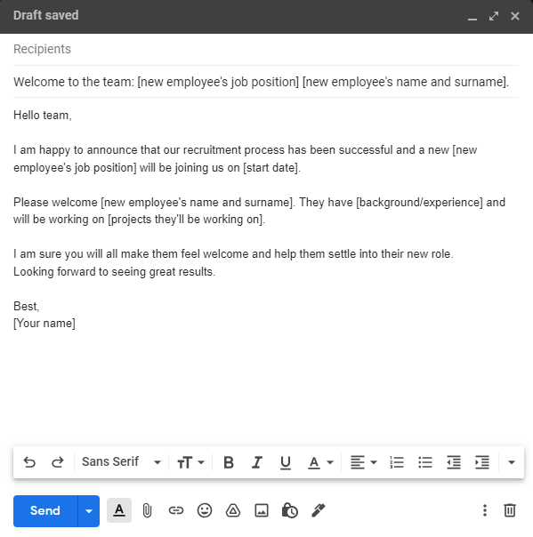 Welcome New Hire Email Template