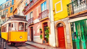 yellow trams Lisbon, Portugal